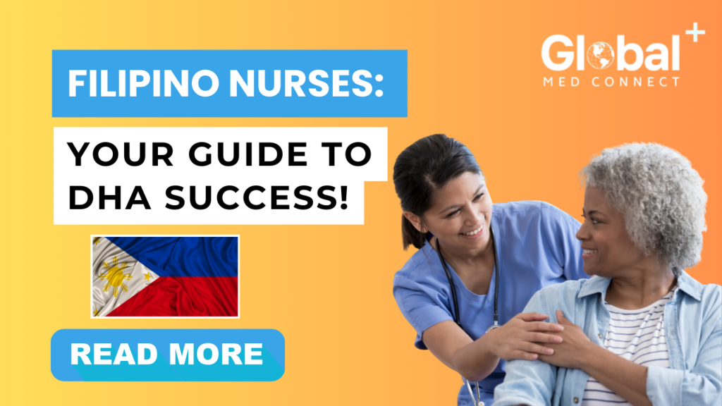 Filipino nurse smiling while supporting a patient, with the Philippine flag and "Your Guide to DHA Success" headline in the background.