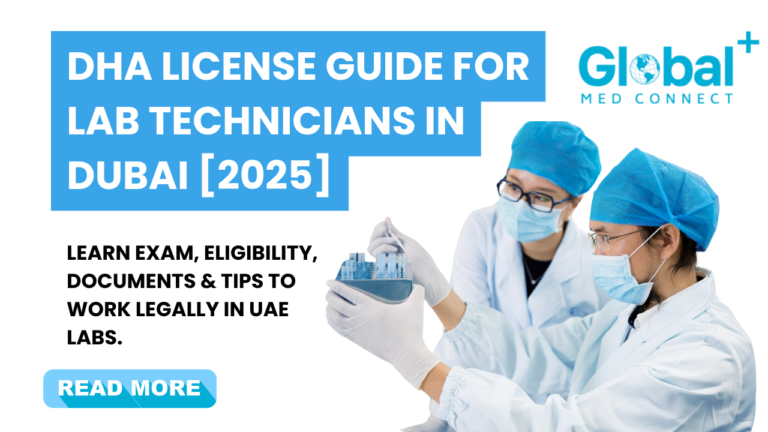 Two lab technicians in Dubai preparing samples, highlighting DHA license requirements for 2025