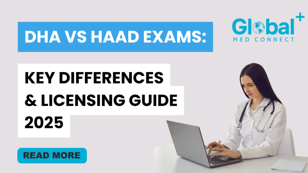 Female doctor working on a laptop with text overlay "DHA vs HAAD Exams: Key Differences & Licensing Guide 2025" for Global Med Connect.