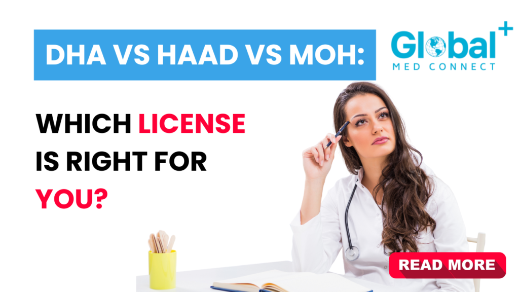 Female doctor thinking with stethoscope around neck beside text reading "DHA vs HAAD vs MOH: Which License is Right for You?"