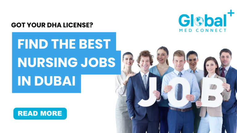 Group of diverse professionals in business attire holding letters that spell "JOB", promoting nursing job opportunities in Dubai for DHA-licensed candidates. Branding includes Global Med Connect logo.