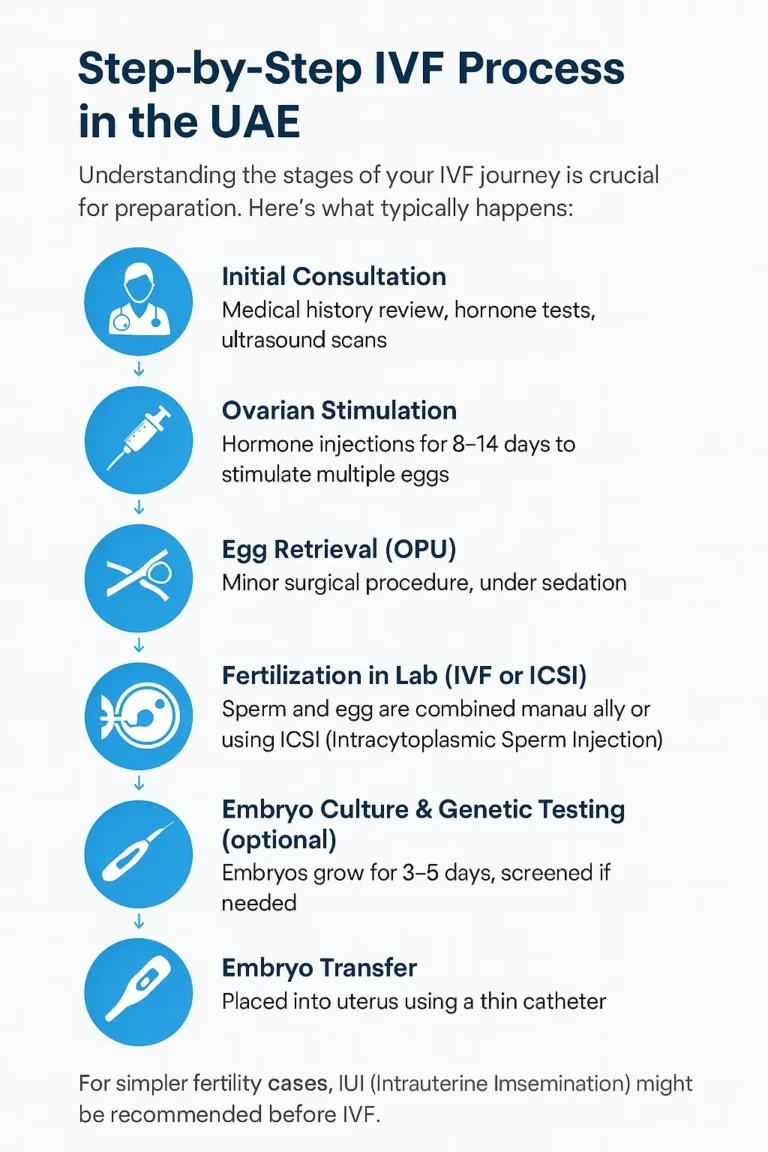 Infographic showing the step-by-step IVF process in the UAE, including consultation, ovarian stimulation, egg retrieval, fertilization, embryo transfer, and pregnancy test.