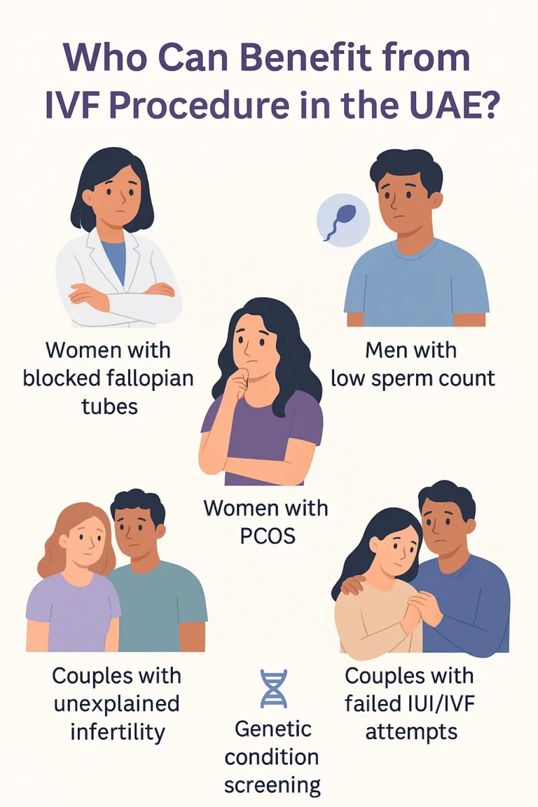 Infographic showing who can benefit from the IVF procedure in the UAE, including women with PCOS, blocked tubes, and couples with infertility.
