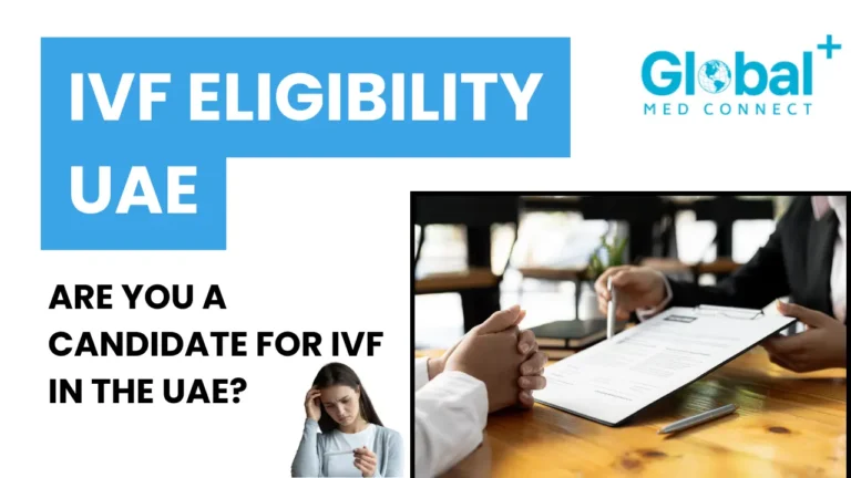 Visual banner showing IVF eligibility in the UAE with Global Med Connect branding and a consultation scene