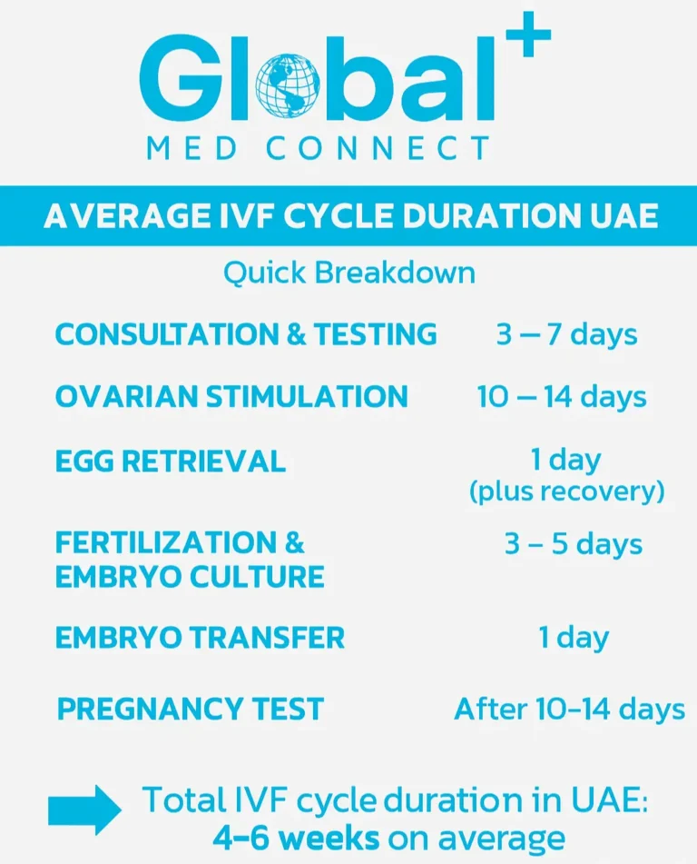 Infographic showing IVF cycle duration in UAE with step-by-step timeline including consultation, ovarian stimulation, egg retrieval, fertilization, embryo transfer, and pregnancy test.