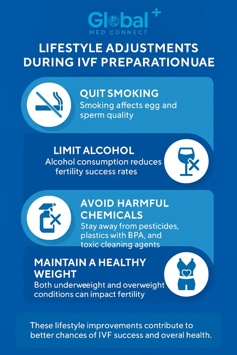 Infographic on IVF preparation UAE showing lifestyle adjustments like quitting smoking, limiting alcohol, avoiding harmful chemicals, and maintaining a healthy weight.
