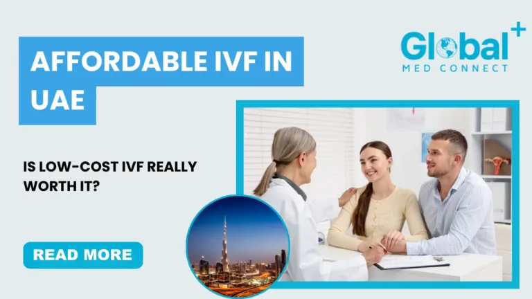 Affordable IVF in UAE – Doctor consulting couple about low-cost IVF treatment options at Global Med Connect fertility center.