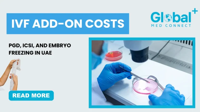 IVF add-on costs in UAE showing PGD, ICSI, and embryo freezing procedures with embryologist working in a lab at Global Med Connect.
