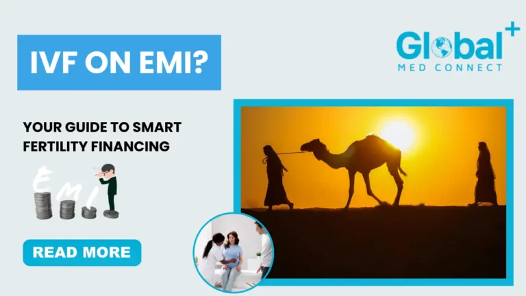 IVF EMI plans in UAE illustrated with fertility consultation and Dubai desert imagery, highlighting affordable IVF financing options by Global Med Connect.