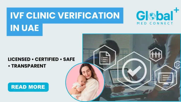 IVF Clinic Verification in UAE – Licensed & Certified Fertility Clinics Guide IVF clinic verification in UAE showing licensed certified safe transparent fertility clinic credentials with mother and baby image and medical approval checklist concept.