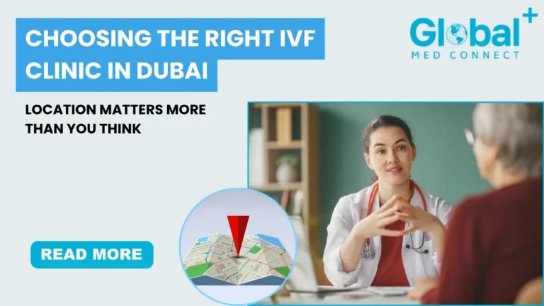 Doctor consulting patient about IVF treatment in Dubai with map location icon highlighting importance of IVF clinic location Dubai for cost and convenience