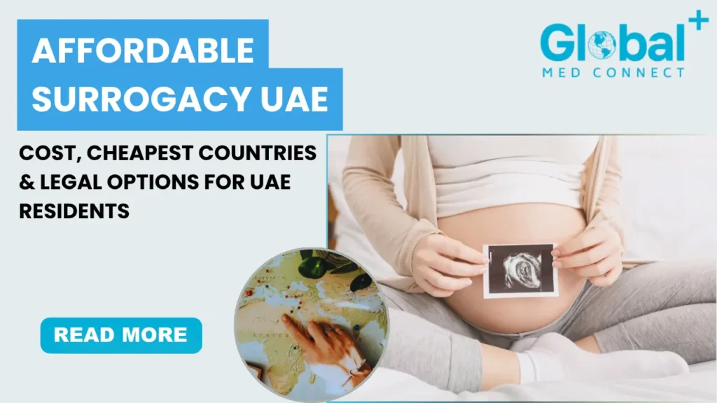 Affordable surrogacy UAE options showing pregnant surrogate holding ultrasound image with global map for cheapest countries and legal choices for UAE residents