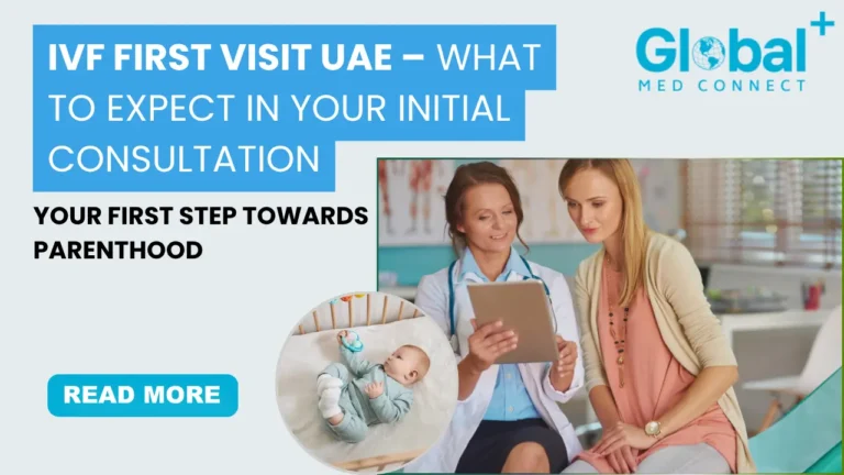 IVF first visit UAE consultation with fertility doctor guiding couple in Dubai clinic