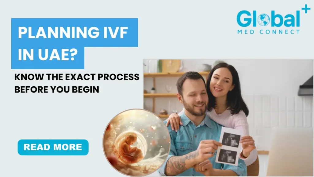 Planning IVF in UAE – couple with pregnancy scan and embryo illustration showing IVF procedure step-by-step guide