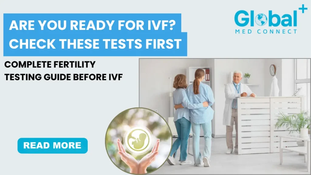 Pre-IVF tests UAE fertility testing process before IVF showing doctor consultation, couple discussion, and embryo concept for IVF preparation