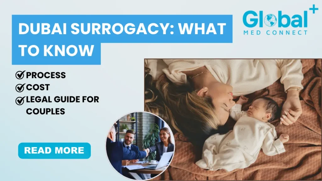 Surrogacy in Dubai guide showing process cost and legal options for couples with mother and newborn baby image and fertility consultation concept
