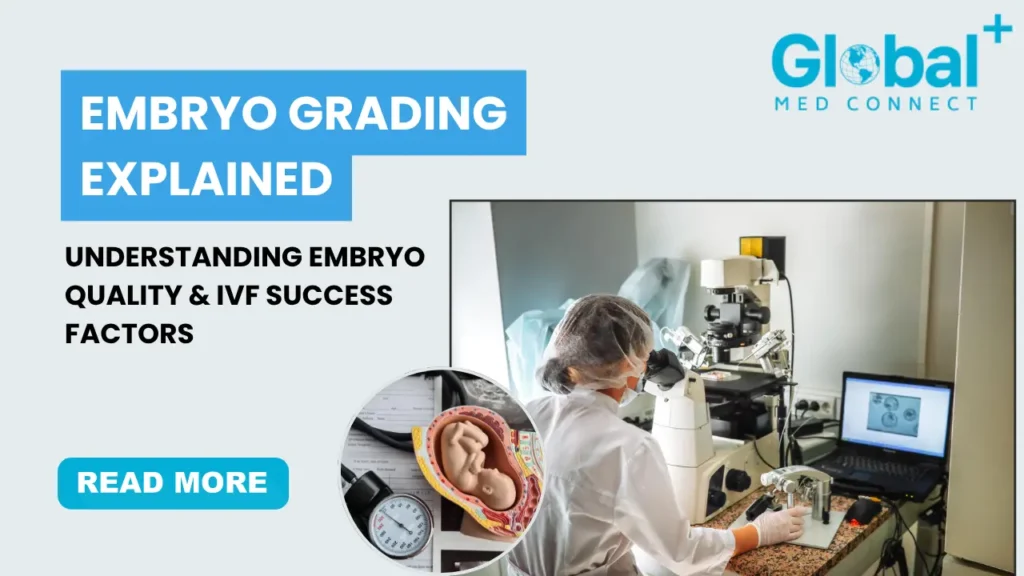 Embryologist analyzing embryo grading and blastocyst development in an IVF laboratory during embryo culturing and fertility treatment process