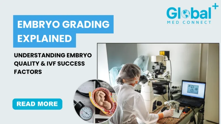 Embryologist analyzing embryo grading and blastocyst development in an IVF laboratory during embryo culturing and fertility treatment process