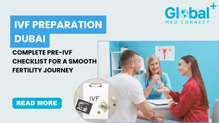 Couple consulting fertility specialist for IVF preparation in Dubai with pre-IVF checklist guidance at Global Med Connect fertility clinic