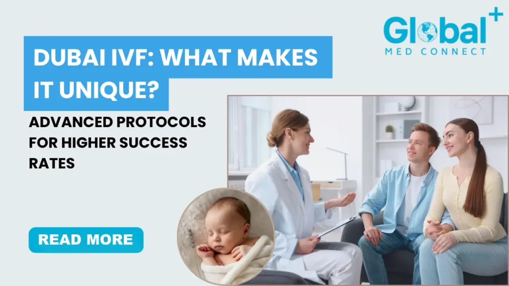 IVF process Dubai showing fertility doctor consulting couple with advanced protocols for higher success rates and newborn baby outcome
