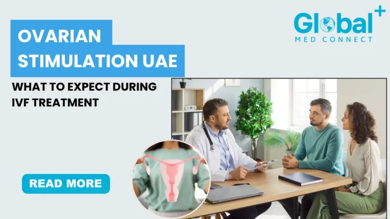 Fertility doctor consulting a couple about ovarian stimulation and IVF treatment in a UAE fertility clinic with reproductive health illustration
