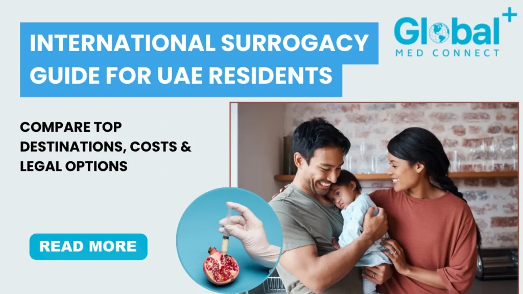 Best country for surrogacy from UAE residents – international surrogacy guide showing intended parents with child, fertility treatment, IVF procedures, legal surrogacy destinations, and family-building options through Global Med Connect.