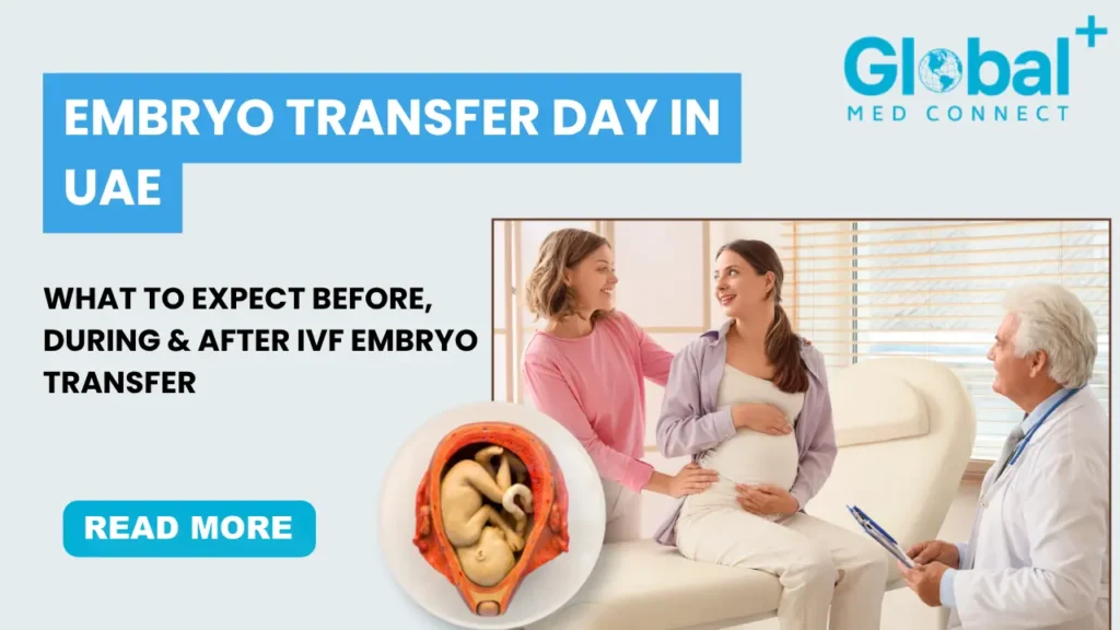 Embryo transfer day in UAE showing IVF patient consultation with fertility specialist, pregnancy success journey, and embryo development illustration at Global Med Connect