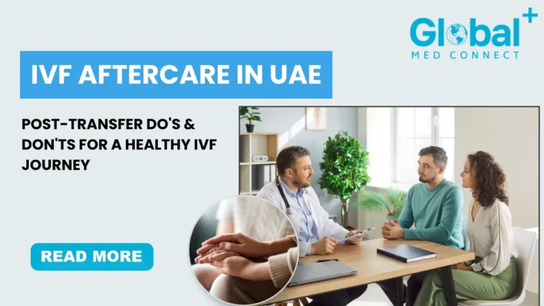 ivf-aftercare-post-transfer-dos-and-donts-uae-global-med-connect-dubai-uae Fertility specialist providing IVF aftercare guidance to a couple after embryo transfer in UAE fertility clinic, explaining post-transfer do's and don'ts for IVF recovery.