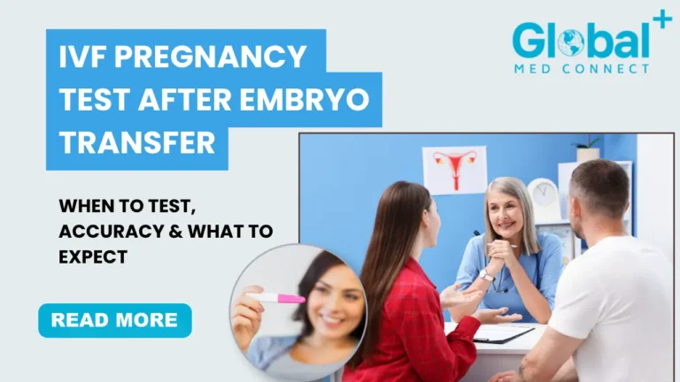 Couple consulting a fertility specialist about an IVF pregnancy test after embryo transfer, with a positive pregnancy test result and IVF timeline guidance in UAE.