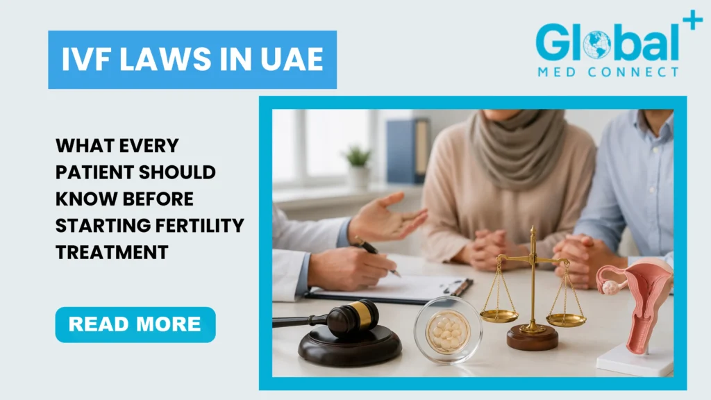 Doctor consulting a married couple about IVF laws in UAE, fertility treatment regulations, embryo policies, and ethical guidelines at a licensed fertility clinic.